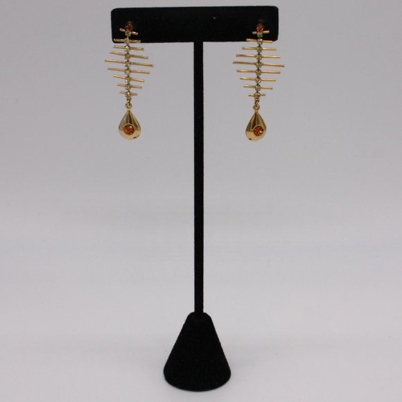 Heebo Unique Gold Tone and Crystal Dangle Earrings New on Card - Picture 2 of 3